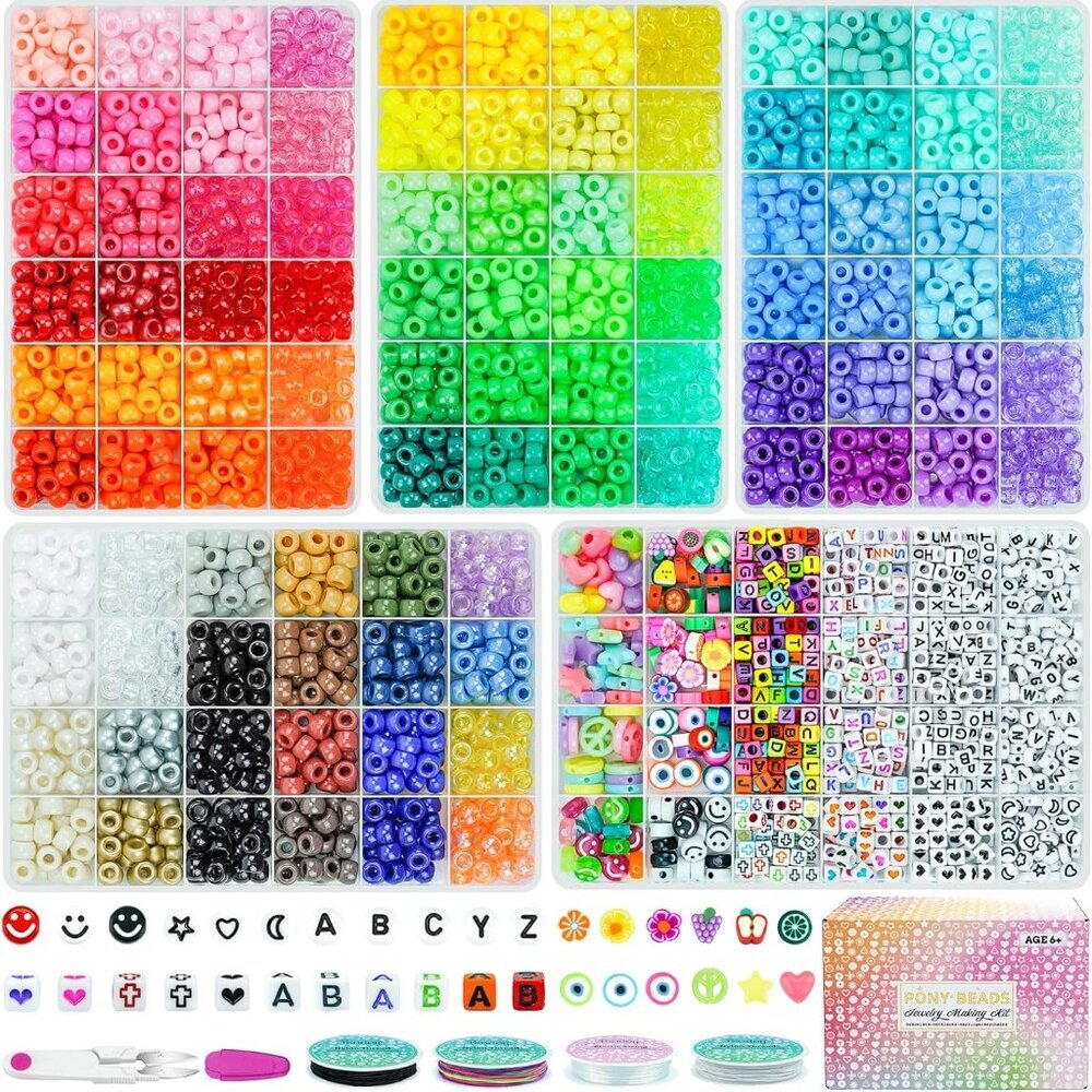 5 Boxes Bracelet Making Kit Pony Beads, 96 Colors 6x9mm Kandi Rave Beads for Bra